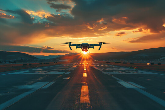 drone quadcopter with digital camera sunset at the airport