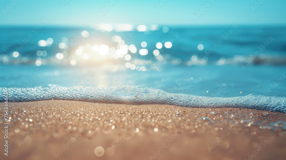 Wall mural Natural blurred defocused background for concept summer vacation. Nature of tropical summer beach with rays of sunlight. Light sand beach, ocean water sparkles against blue sky, generative ai - Wall murals