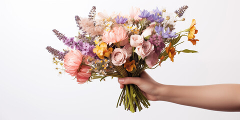 Mother's Day card. International Women's Day. Bouquet of flowers in hand. Flowers delivery. Summer, spring.