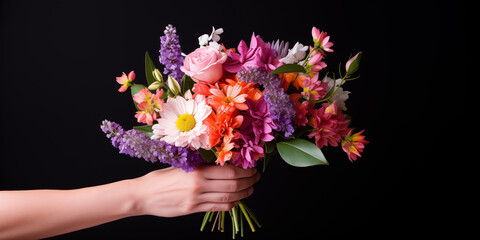 Mother's Day card. International Women's Day. Bouquet of flowers in hand. Flowers delivery. Summer, spring.