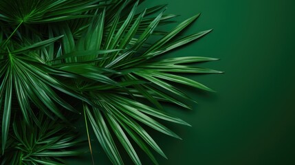 Obraz premium Palm tree with tropical leaves on a green background with a place for text. The concept of recreation, tourism and sea travel.