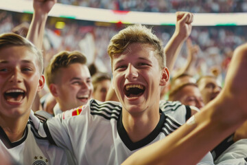 German football soccer fans in a stadium supporting the national team, Die Mannschaft
