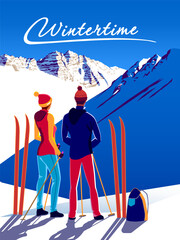 A couple of skiers before the descent at a ski resort. Wintertime Travel Poster. Handmade drawing vector illustration. Art Deco style. - obrazy, fototapety, plakaty