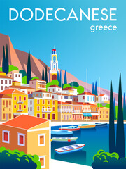 Dodecanese islands poster. Mediterranean romantic landscape. Handmade drawing vector illustration. Can be used for posters, banners, postcards, books etc.