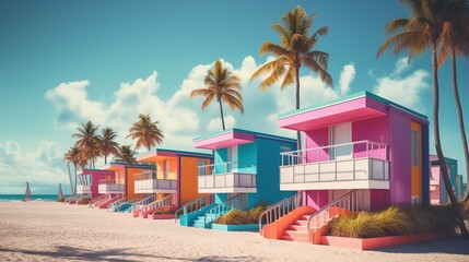 Naklejka premium Generative AI, Miami beach huts, Summer Vibes retro illustration. Vintage pink and blue colors, buildings, California palms, 80s style.