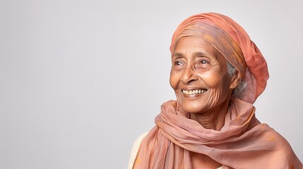 Closeup photo portrait of a senior south Asian woman wearing a pink head scarf and shawl on a grey background - obrazy, fototapety, plakaty