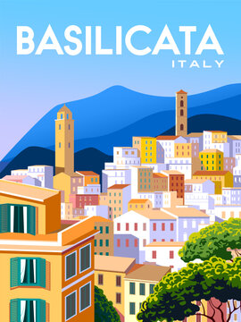 Basilicata Italy Travel poster. Handmade drawing vector illustration. 