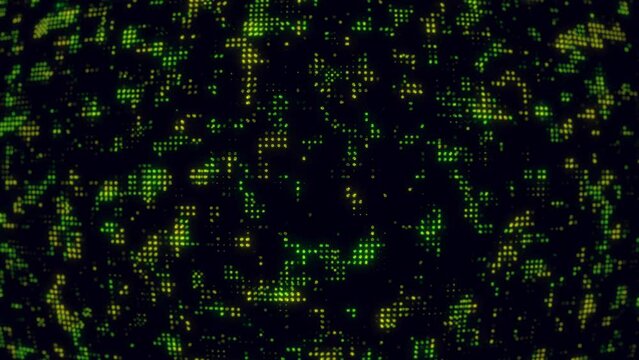 Animated technological background with randomly glowing dots and fading out. 4K.