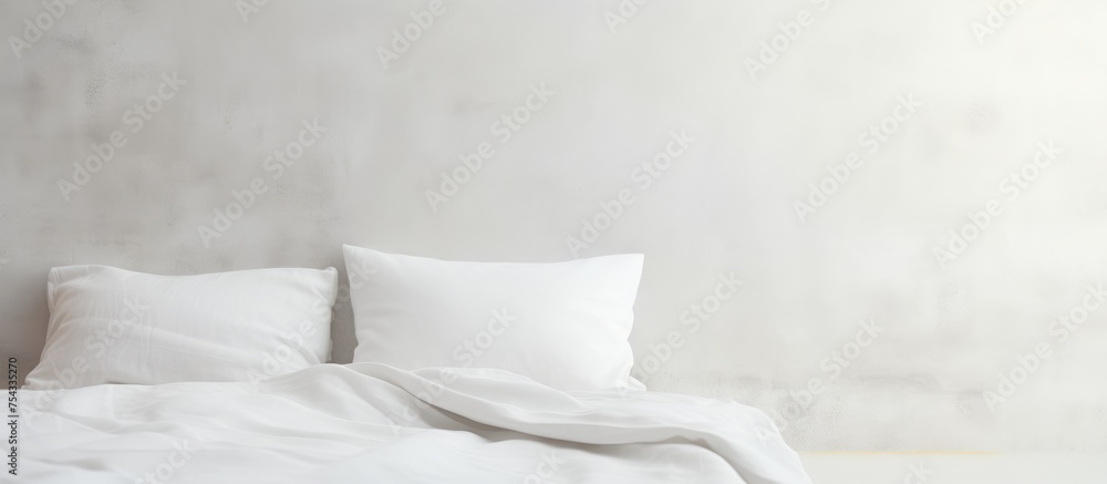 Poster a bed with white sheets and multiple pillows is neatly arranged in a room. the sheets are perfectly 