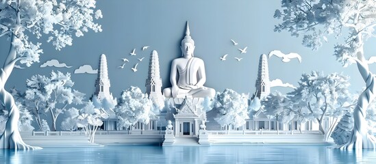 3D Paper Art of Serene White Buddha in Tranquil Thai Temples Setting