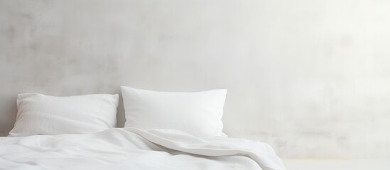 A bed with white sheets and multiple pillows is neatly arranged in a room. The sheets are perfectly tucked in, and the pillows are plumped up, creating a clean and inviting look.