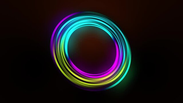 Colorful blurred light circle stripes in motion over on abstract background. Rainbow rays. Led Light. Future tech. Shine dynamic scene. Neon flare. Magic moving fast lines video 4k.