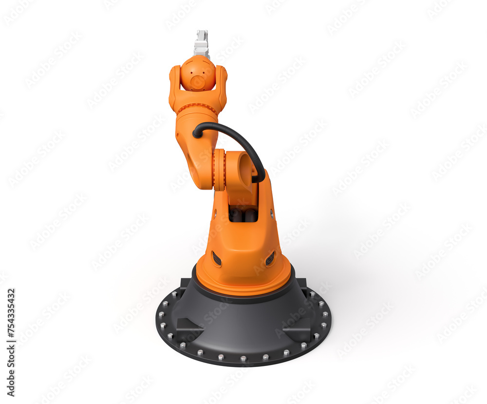 Poster 3d rendering of orange robotic arm isolated on white background