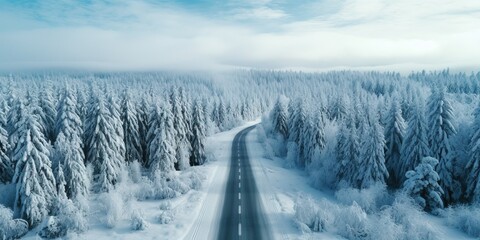 Generative AI, Misty winter fir forest beautiful landscape with road, in hipster vintage retro style, evergreen trees with show.. - obrazy, fototapety, plakaty