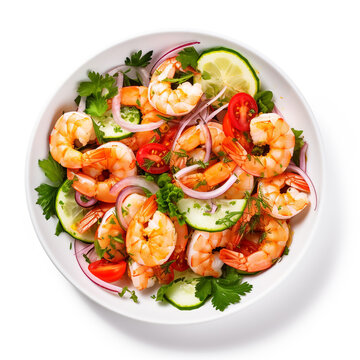 salad with shrimp in a plate top view on a white background сreated with Generative Ai