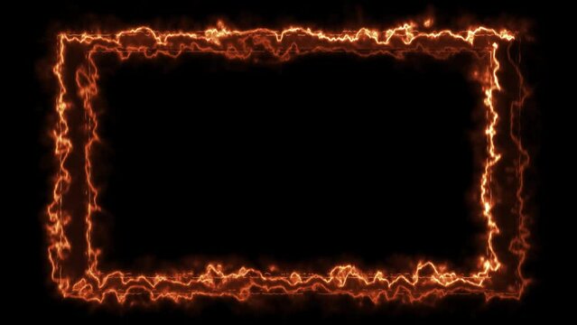 Empty frame with fire border glowing, burning flame signboard. Blank rectangle sign fire with flames around frame lights. The best stock of animation signboard orange fire burning on black background.