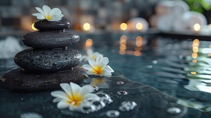 Fototapeta na wymiar black Massage Stones, Spa background with wet basalt massage stones