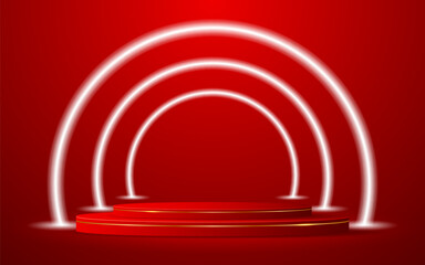 Obraz premium Red podium with a glowing white circle line on the back for product presentation. Display of cosmetic products. Stage or podium. vector illustration 