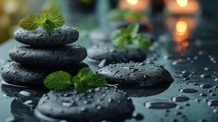 black Massage Stones, Spa background with wet basalt massage stones