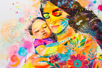 diverse mom and baby with flowers for mother's day, modern mixed media colorful art 