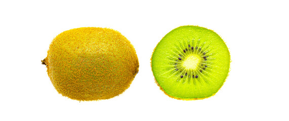 Ripe whole and half fresh kiwi fruit Chinese gooseberry - Actinidia deliciosa 'Hayward' is the...