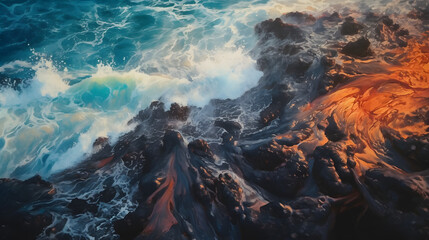 aerial photo of lava falling over the ocean