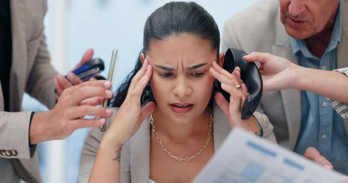 Phone call, chaos and business woman with stress for documents, report and office crisis or problem. Worker in headache for admin multitasking, telephone and time management risk with people hands