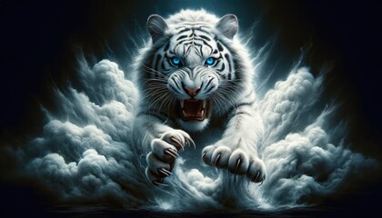 Imposing white tiger with piercing blue eyes bursts through swirling, ethereal clouds, exuding power and mystery.