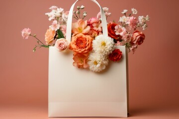 Elegant Flowers in a Shopping Bag on Pastel Background. Generative ai