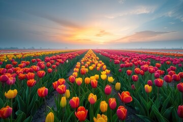 Sunrise Over Colorful Tulip Fields