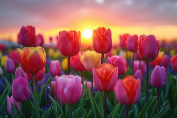 Sunrise Over Colorful Tulip Fields