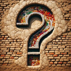 Question mark mosaic art carved on glass and clay walls