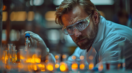 Fototapeta na wymiar Testing substances, Serious concentrated male microbiologist in sterile clothing and safety goggles, male Scientific Research Team With Clear Solution In Laborator, Generative Ai