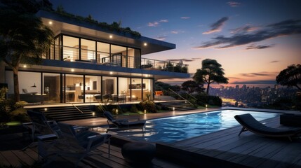 Obraz premium Luxurious Modern Home with Pool at Sunset. Generative ai