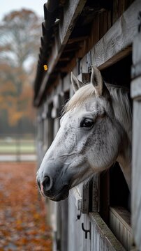 white horse in the stable, horse ranch with a house and fence,old farm house