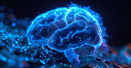 An abstract brain and in blue color with blue particles with dark background,  Black Background, Generative AI