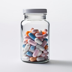 pills in a transparent bottle on a white background сreated with Generative Ai