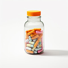pills in a transparent bottle on a white background сreated with Generative Ai