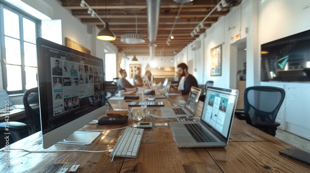 Poster Modern office space where a group of marketers are working on campaign strategy for social media and sponsored articles. Generative AI.