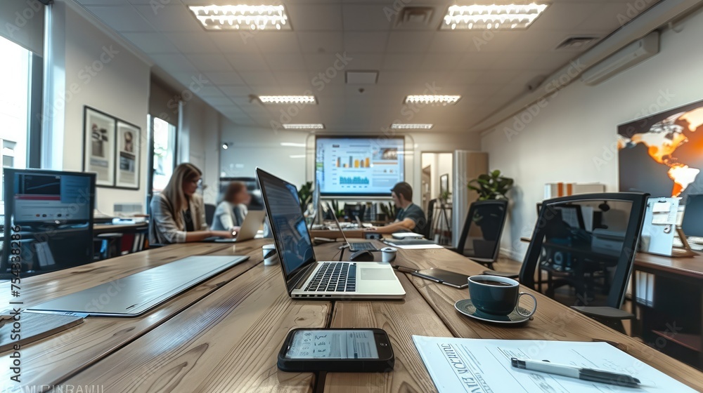 Poster modern office space where a group of marketers are working on campaign strategy for social media and