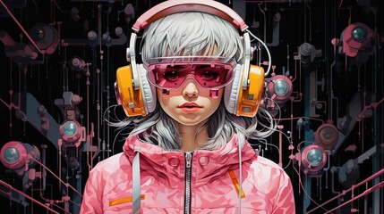 Generative AI, person in glasses, cyberpunk anime style. Light yellow and pink colors, virtual...