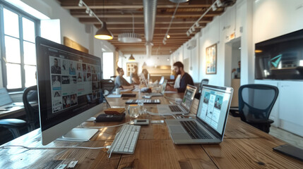 Modern office space where a group of marketers are working on campaign strategy for social media and sponsored articles. Generative AI.