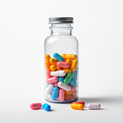 pills in a transparent bottle on a white background сreated with Generative Ai