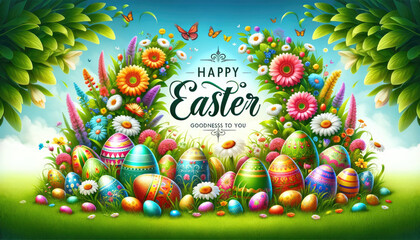 Colorful and festive Easter scene featuring beautifully decorated eggs nestled among a vibrant array of spring flowers under a sunny sky.