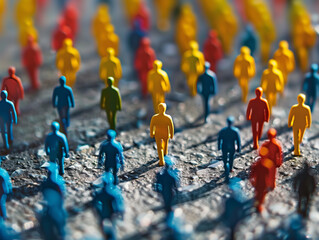 Conceptual image of a walking crowd of small toy multicolored figures of people. Metaphor of similarity and diversity.