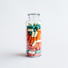pills in a transparent bottle on a white background сreated with Generative Ai