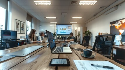 Fototapeta premium Modern office space where a group of marketers are working on campaign strategy for social media and sponsored articles. Generative AI.