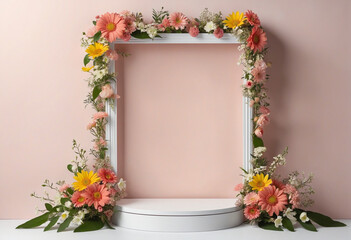 podium product display decorative with summer floral flower nature border frame showcase exhibition copyspace for advertisment nature background
