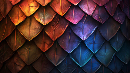 Abstract beautiful background from dragon scales. Colorfull dark rainbow textured tones. Metal scales close up. Background with dark colorfull rhombuses. Neutral dark gradient rainbow background.