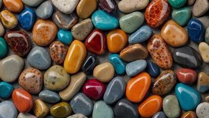 

Brilliant colorful stones, pebbles, small sea pebbles background, colorful sea polished stones, rolled pebbles on sea shore gemstone texture  - obrazy, fototapety, plakaty